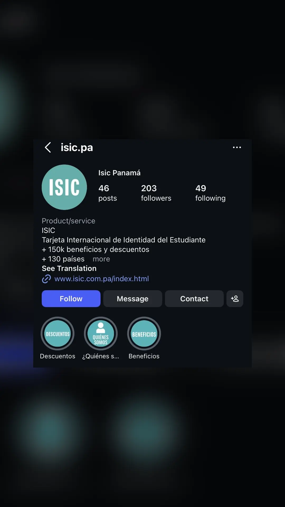 Perfil de Instagram de ISIC Panamá